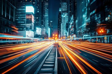 Naklejka premium Nighttime Cityscape with Long Exposure of Car Lights