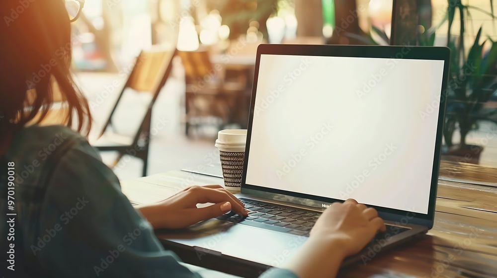Poster mockup image of a woman working on laptop computer with blank white desktop screen while drinking co