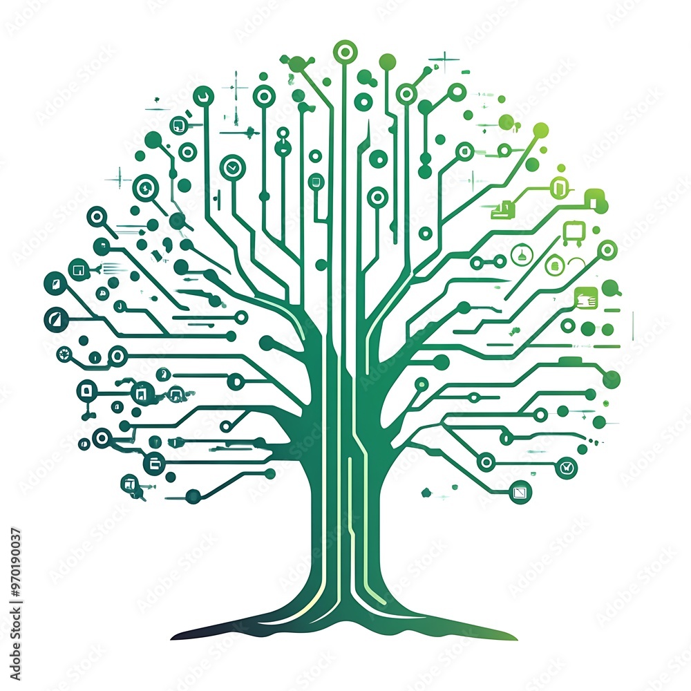 Poster Abstract green tree made of circuit board branches and icons