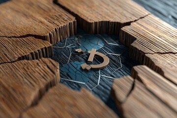 A golden symbol sits in a crevice of a cracked wooden surface.