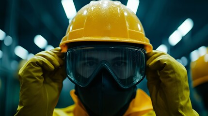 A close-up of a worker in a yellow hardhat and protective gear, looking intensely.