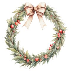 Traditional Watercolor Christmas Wreath Illustration Isolated on Transparent Background, Ideal for Festive Holiday Decorations and Design Projects