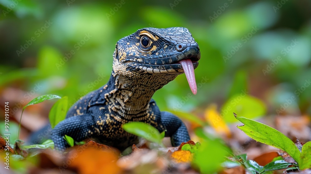 Poster a close-up of a lizard with a forked tongue in a lush environment.