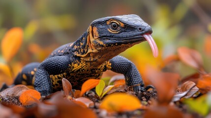 Obraz premium A close-up of a colorful lizard among autumn leaves.