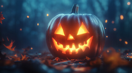 Obraz premium Halloween themed pumpkin with scary lighting face on beautiful background