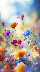 Colorful wildflowers in a meadow, vibrant nature textures. Floral tranquility concept