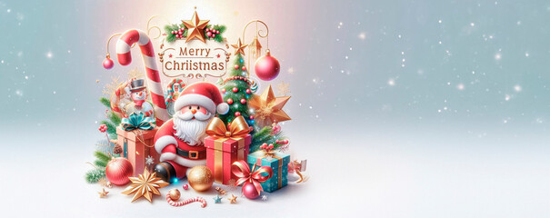 A santa claus standing in front of a christmas tree