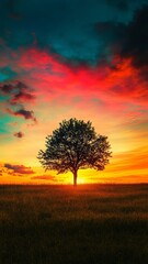 Fototapeta premium solitary tree in sunset field, dramatic sky. nature and tranquility concept