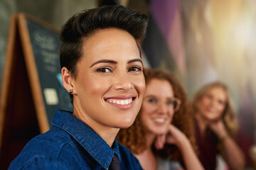 Portrait, smile and woman in office, creative and confident for meeting, ambitious and producer in business. Happy, person and team for event planning, venue selection and collaboration for budget