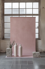 A bottle of white liquid   sits on a clear glass table covered with a white cloth, centered in front of an empty light pink backdrop atop two stone pillars.