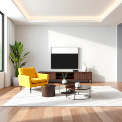 Interior of modern living room with yellow armchair and coffee tables 3d rendering