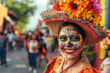 Fototapeta premium Mexican Catrina Woman in Traditional Costume with Colorful Skull Makeup Celebrating Day of the Dead in Joyful Street Parade