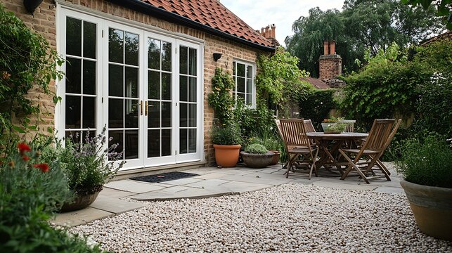 UK house and garden with patio and French doors Cottage or courtyard garden backyard with gravel and York stone paving : Generative AI
