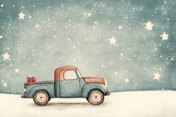 Obraz premium An illustration of a vintage truck parked under a sky filled with stars. The rustic charm of the truck and the dreamy starry background create a nostalgic and magical atmosphere.
