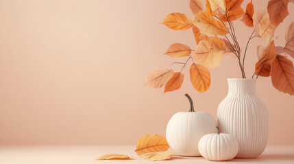 pottery on table neutral autumn leaves by window sunlight shadows white pumpkins gourds squash space for text marketing branding advertising