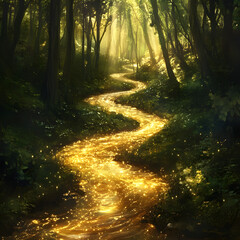 Obraz premium A river made of liquid gold, winding through a lush forest