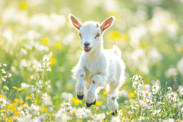 Obraz premium Little funny baby goat jumping in the field with flowers.