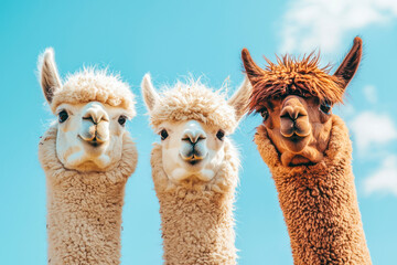 Fototapeta premium Three funny alpacas together on the background of blue sky.