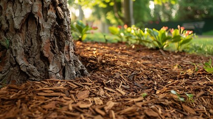 Mulching of tree trunk with bark for park design Decorative piece mulch strewning on flowerbed Wood...