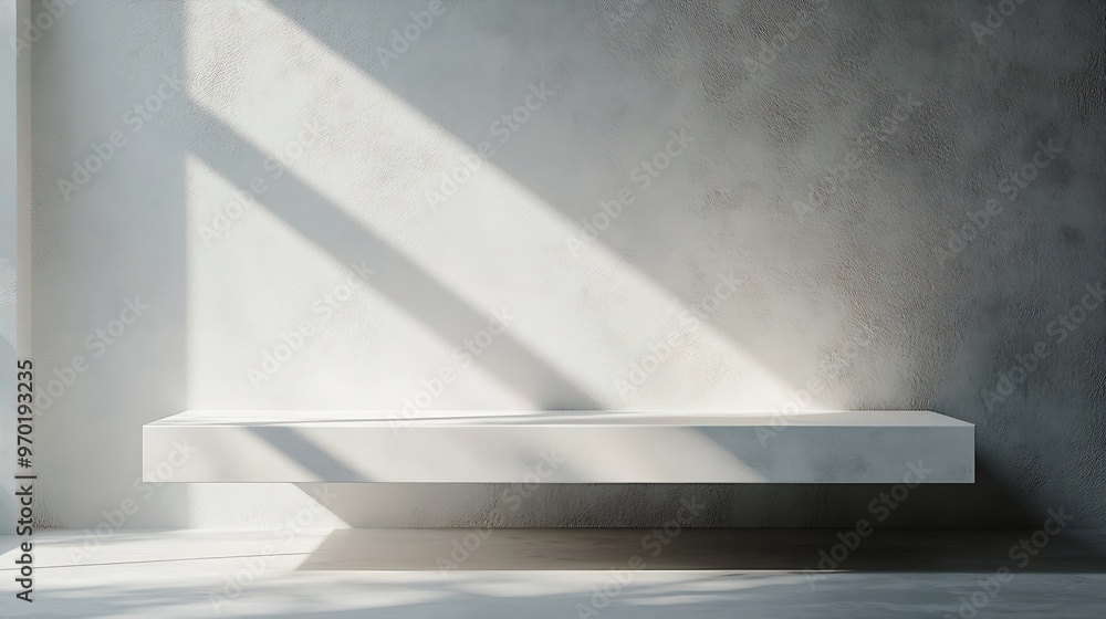 Poster White abstract empty corner blank table studio shot empty table white podium with spotlight and bright minimal background plaster bright white and gray wall and white table stage backg : Generative AI