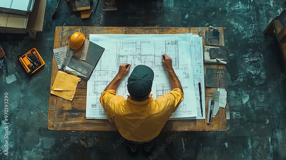 Fototapete Top aerial view of project manager or civil engineer writing at blueprint and planning building design Aerial view of architect working together at meeting table with document placed A : Generative AI
