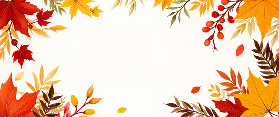 Autumn Leaves Frame on White Background: Vibrant Fall Colors with Copy Space, Perfect for Banners, Greetings, and Designs.