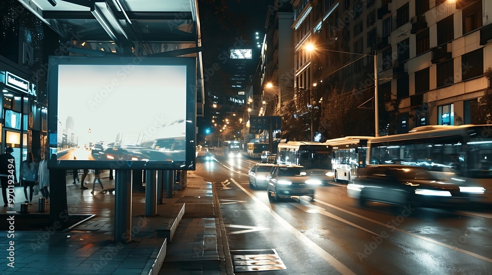 Poster White bus stop billboard poster in a station with cars in moving in the background Front view mockup concept blank poster city traffic : Generative AI