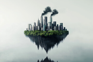 A floating island features skyline of skyscrapers surrounded by lush greenery, creating surreal and captivating scene. contrast between nature and urban life evokes sense of wonder and imagination