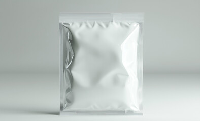 3D render of a blank white foil package with a transparent plastic pouch, isolated on a light grey background.Copy space,flat lay 