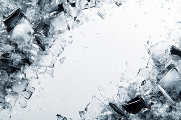 An abstract ice frame border on a white background, in monochrome.Copy space,flat lay 
