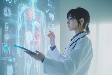 A Japanese doctor using tablet interacts with holographic display of human anatomy, showcasing advanced medical technology. scene reflects blend of innovation and healthcare