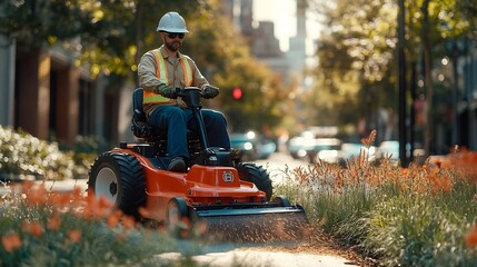 A worker in reflective clothing operates an orange rideon lawn mower cutting overgrown grass next to a city street : Generative AI