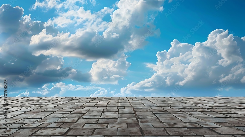 Poster empty brick floor and sky clouds background : generative ai
