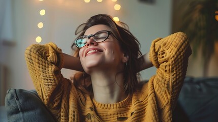 Happy woman smile and massage her neck alone at home Inner balance and daydreaming lifestyle concept female people Adult lady wearing eyeglasses and relax sitting on sofa Serene portra : Generative AI