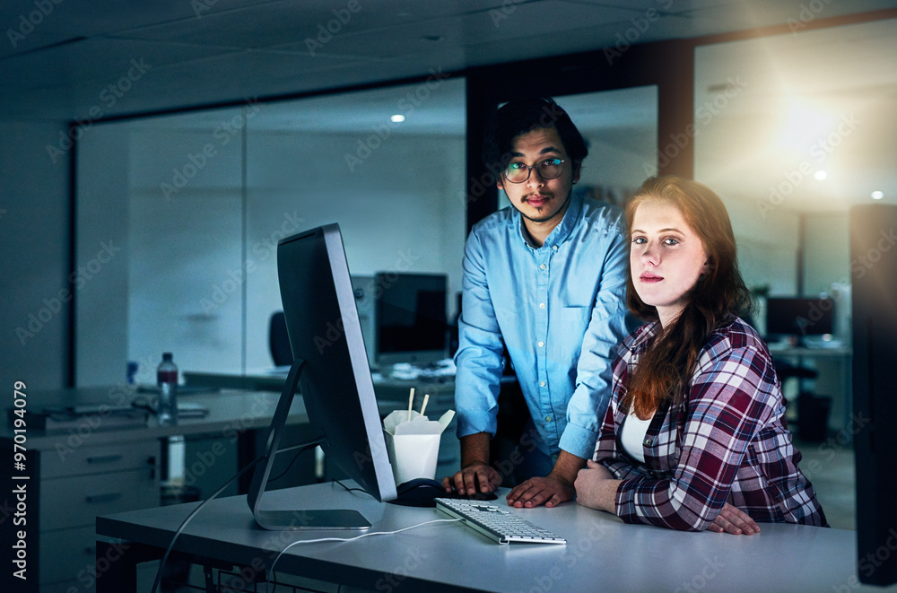 Poster Business, people and confident at night on computer at office with deadline, overtime and project. Employees, coworking and serious with programming or developing software with teamwork on portrait