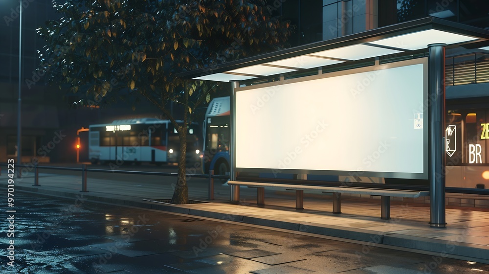 Poster concept of digital marketing in the city advertising billboard with white empty canvas on bus shelte