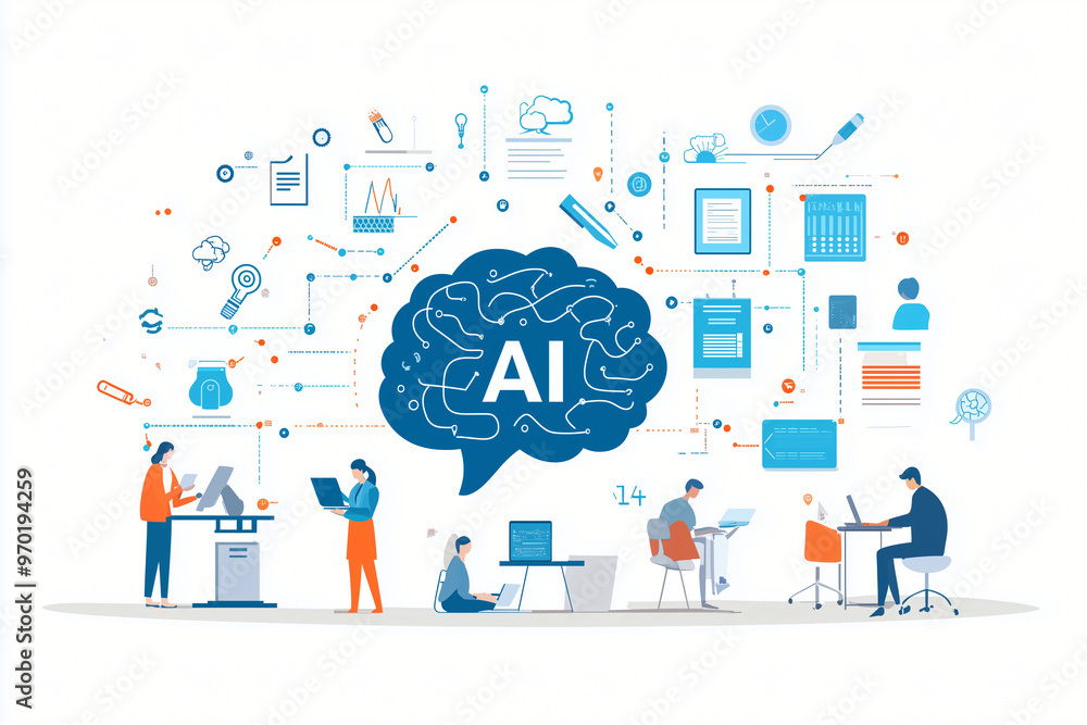 Poster ai technology is represented in this vibrant illustration, showcasing various icons and activities r