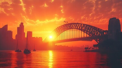 Obraz premium Sunset View of City Skyline and Suspension Bridge Golden sunset silhouetting a modern suspension bridge against a city skyline with boats on the water : Generative AI