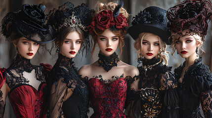 Obraz premium Elegant Gothic Women in Black Lace Dresses and Hats