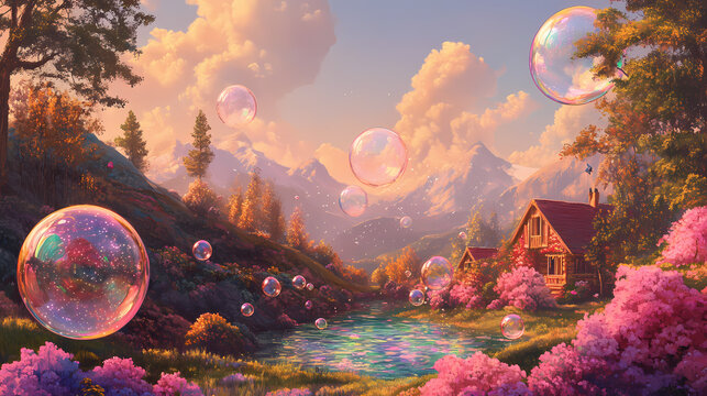 Tranquil pastoral setting enhanced by the presence of cottagecore futurism bubbles, evoking a sense of magical realism. Realism. Illustration