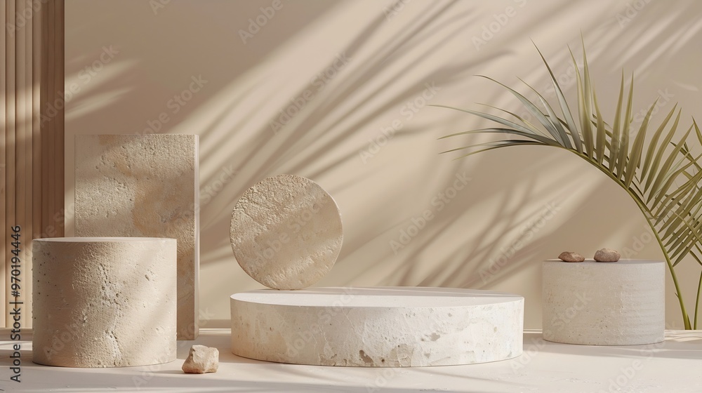 Poster blank product three podium minimal scene mockup with 3 stone product podium with copy space promotio