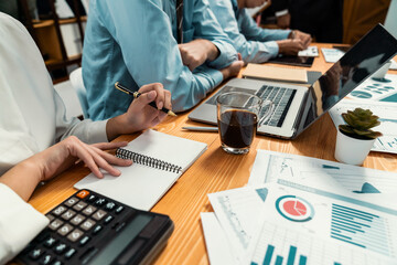 Corporate budget, executive utilize cutting-edge business intelligence financial data dashboard paper on meeting table. Accountant or auditor team examine and calculate income and expense. Habiliment