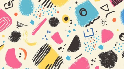 Abstract Geometric Pattern with Hand Drawn Shapes and Colorful Doodles
