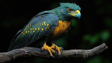 Obraz premium A vibrant, mythical bird perched on a branch in a dark setting.