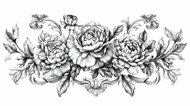 Rose peony carnation flowers in a baroque frame border ornament. engraved leaf scroll modern retro pattern. filigree design of decorative tattoo. Baroque. Illustration