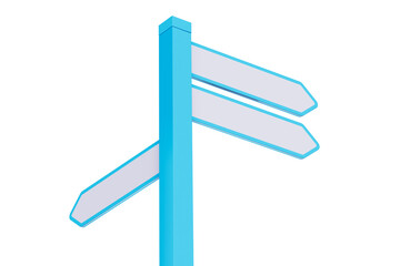 Blue street sign on white. Directional pole with arrows, finger post signs