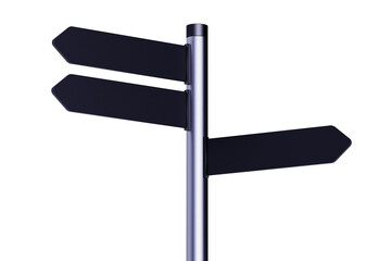 Black street sign on white. Directional pole with arrows, finger post signs