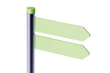 Green street sign isolated on white. Directional pole with arrows, finger post signs