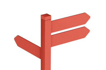 Red street sign isolated on white. Directional pole with arrows, finger post signs