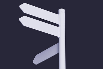 White street signs isolated. Directional pole with arrows, finger post sign